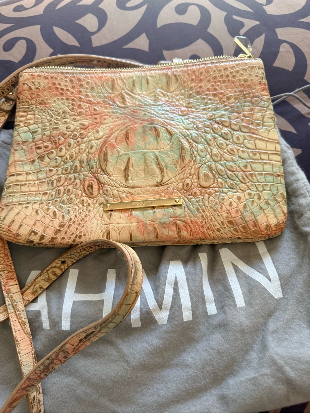 Brahmin Iridescent Beige-Tan Embossed Leather Crossbody